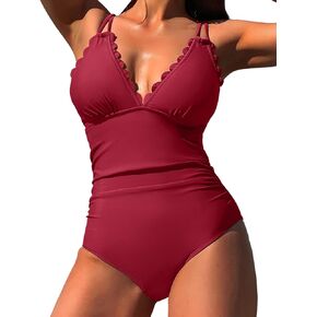 SOCIALA Scalloped One Piece Swimsuit Women 1 Piece Ruched Tummy Control Bathing Suit V Neck Cut Out Monokini Swimwear