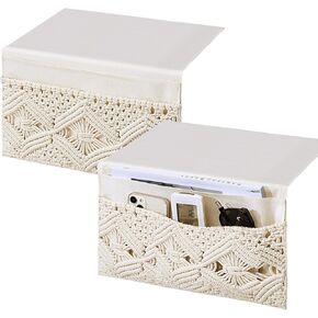 2 pcs Macrame Bedside Caddy Organizer Hanging Boho Remote Control Holder Couch Bedside Armchair Caddy Storage Basket Bag Tablet Magazine Holder for TV Remote Control Living Room
