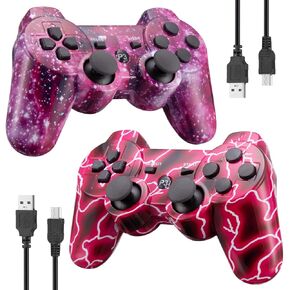 Controller Compatible with PS3 ，2 Pack Wireless Game Controller Compatible with Play-station 3, Double Shock, Bluetooth Connection, Rechargeable, Remote Gamepads for PS3, With 2 x USB Charging Cords