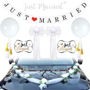 9 Pcs Just Married Car Decorations Wedding Car Decorations Just Married Car Magnets Wedding Banner Decals Wedding Car Front Flower Pearl Bud Silk Ribbon Flower White Balloons