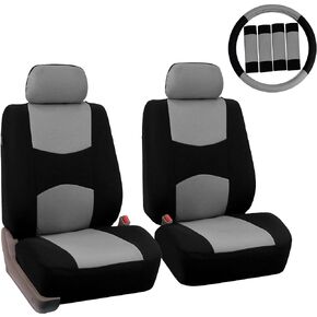 FH Group Car Seat Covers Flat Cloth Front Seats Only Gray Automotive Seat Cover, Airbag Compatible Universal Fit Interior Accessories Cars Trucks SUV Combo Steering Wheel Cover & Seat Belt Pads