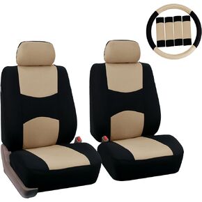 FH Group Car Seat Covers Flat Cloth Front Seats Only Gray Automotive Seat Cover, Airbag Compatible Universal Fit Interior Accessories Cars Trucks SUV Combo Steering Wheel Cover & Seat Belt Pads