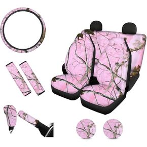 Pink Camo Car Seat Covers Full Set for Front&Back Seat Protector,Camouflage Hunting Gear Shift Cover&Handbrake Cover,Stretch Steering Wheel Cover,Seat Belt Pads,Cup Coasters