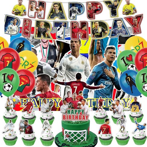 ديكورات حفلات أعياد الميلاد لكرة القدم CR7 من لوازم الحفلات الخاصة بنجوم كرة القدم لمشجعي كرة القدم، تتضمن قطعة علوية للكيك، لافتة علوية للكب كيك، خلفية بالونات in Kuwait