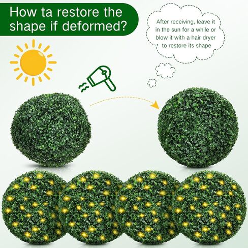 Hotop 4 Pcs 11'' Artificial Boxwood Topiary Ball with 100 LED String Light 8 Modes and Timer, Faux Boxwood Round Artificial Topiary for Outdoors Indoor Garland Patio Garden Wedding Home Decorations in Saudi Arabia