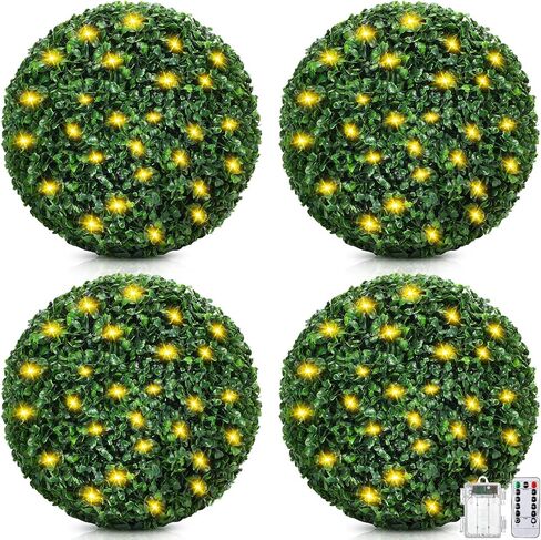 Hotop 4 Pcs 11'' Artificial Boxwood Topiary Ball with 100 LED String Light 8 Modes and Timer, Faux Boxwood Round Artificial Topiary for Outdoors Indoor Garland Patio Garden Wedding Home Decorations in Saudi Arabia