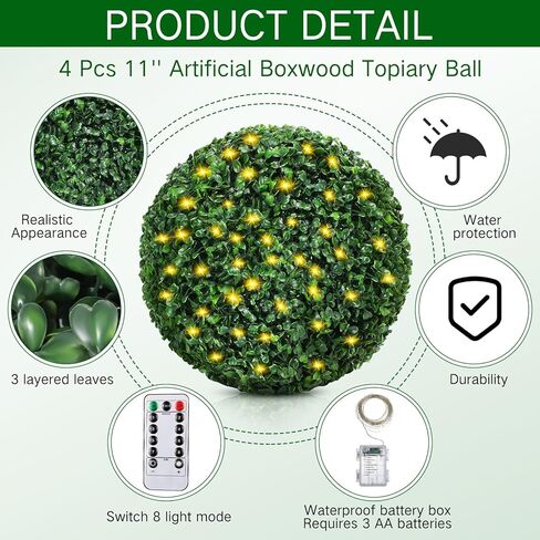 Hotop 4 Pcs 11'' Artificial Boxwood Topiary Ball with 100 LED String Light 8 Modes and Timer, Faux Boxwood Round Artificial Topiary for Outdoors Indoor Garland Patio Garden Wedding Home Decorations in Saudi Arabia