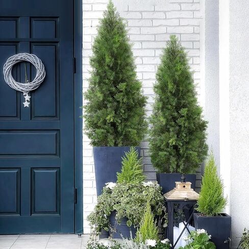 Two Artificial Cedar Topiary Trees 4FT Tall,Fake Topiary Outdoor Plants in Pot, UV Rated Plant for The Front Door,Christmas Decor,Garden Decor (4FT-New) in Kuwait