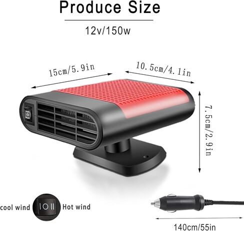 سخان 12 فولت للسيارة، 150 واط، مروحة تبريد سريعة التسخين، مزيل الضباب ومزيل الصقيع، دوران 360 درجة، سخان سيارة محمول يمكن توصيله بولاعة السجائر، حرارة هواء صغيرة - 01 in Kuwait