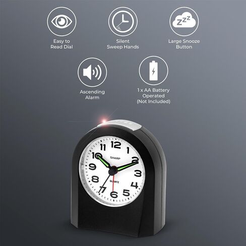 Sharp Small Battery Operated Analog Alarm Clock Silent No Ticking, Lighted on Demand and Snooze, Beep Sounds, Gentle Wake, Ascending Alarm in Saudi Arabia