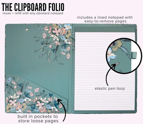 Vera Bradley Clipboard Folio with Refillable Lined Notepad, Padfolio with Interior Pocket and Pen Loop, Sunlit Garden Greek Sage in Saudi Arabia