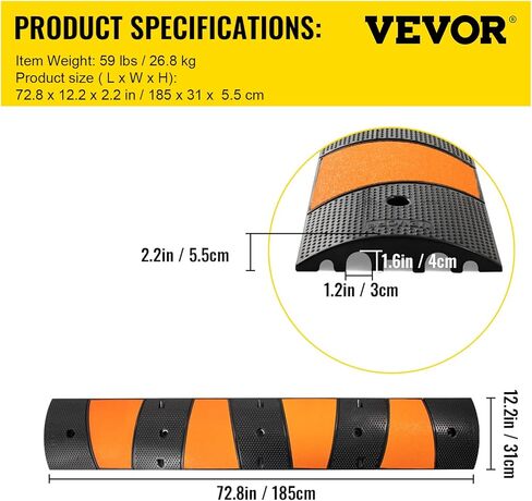 VEVOR Rubber Speed Bump, 1 Pack 2 Channel Speed Bump Hump, 72.8" Long Modular Speed Bump Rated 22000 LBS Load Capacity, 72.8 x 12.2 x 2.2 Garage Speed Bump for Asphalt Concrete Gravel Driveway-6 FT in Saudi Arabia