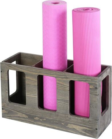 حامل بساط اليوجا من الخشب الصلب باللون الرمادي العتيق مثبت على الحائط من MyGift، منظم تخزين أسطوانة إسفنجية للياقة البدنية، رف بساط تمرين رياضي واقف على الأرض in Kuwait