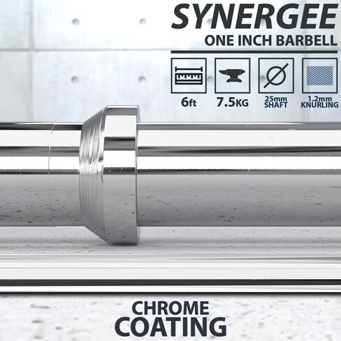 Synergee 1 "Olympic Barbell Standard لرفع الأثقال. متوفر في شريط بطول 5 أقدام أو 6 أقدام أو 7 أقدام. يتراوح وزن الحديد القياسي من 6.5 كجم إلى 8.7 كجم. متوافق مع لوحات مفتوحة مقاس 1 بوصة. in Kuwait