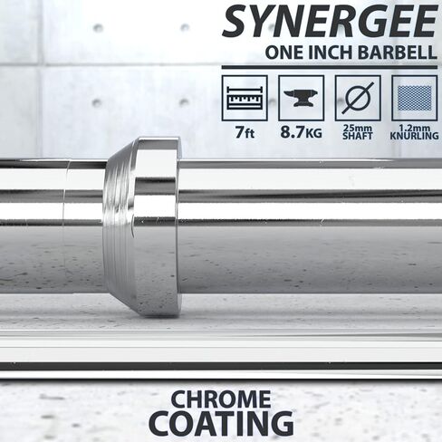 Synergee 1 "Olympic Barbell Standard لرفع الأثقال. متوفر في شريط بطول 5 أقدام أو 6 أقدام أو 7 أقدام. يتراوح وزن الحديد القياسي من 6.5 كجم إلى 8.7 كجم. متوافق مع لوحات مفتوحة مقاس 1 بوصة. in Kuwait