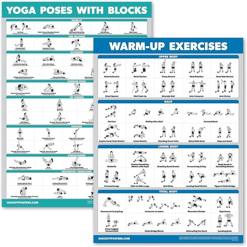 2 Pack - Yoga Block Poses + Warm Ups Exercise Poster Set - Yoga Positions with Blocks Chart - Set of Two Fitness Charts in Saudi Arabia