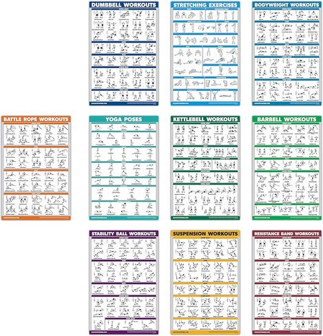 عبوة من 10 قطع من QuickFit - مجموعة ملصقات للتمرين - حبل المعركة، الدمبل، التعليق، جرس كيتل، أشرطة المقاومة، التمدد، وزن الجسم، الأثقال، أوضاع اليوجا، كرة التمرين in Kuwait