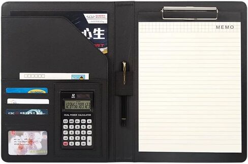 A4 PU Leather Conference Folder Personal Organizer Executive Business Resume Portfolio Padfolio with Calculator/Pen Slot/Card Holders/Document Folder/Paper Pad (Black) in Saudi Arabia