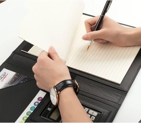 A4 PU Leather Conference Folder Personal Organizer Executive Business Resume Portfolio Padfolio with Calculator/Pen Slot/Card Holders/Document Folder/Paper Pad (Black) in Saudi Arabia