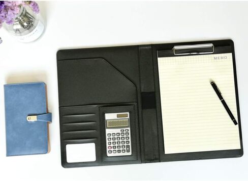 A4 PU Leather Conference Folder Personal Organizer Executive Business Resume Portfolio Padfolio with Calculator/Pen Slot/Card Holders/Document Folder/Paper Pad (Black) in Saudi Arabia