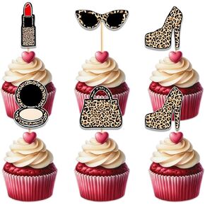 W 18pcs glittercupcake topper for leopard print kenel make up theme party favors decorations women lady girls birthday girls 'Out Happy Happy Bachelorlete Bridal Dust Supplies