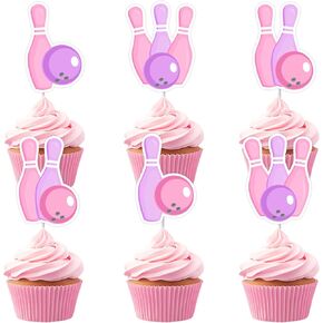 Cheereveal 24pcs البولينج كب كيك أعلى القبعات للفتيات ، والبولينج كرة الديكورات الوردي والأرجواني ، والرسم الرياضي لمستلزمات حفلة استحمام الطفل
