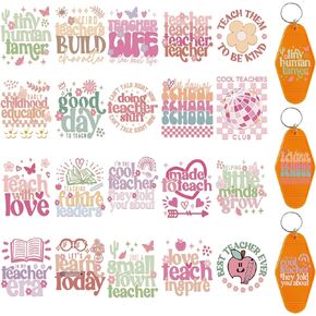 ملصقات نقل الأشعة فوق البنفسجية DTF - 80 PCS Boho Teacher UV DTF ملصقات لسلسلة مفاتيح الموتيل ، لفائف UVDTF المدرسية لسلاسل مفاتيح الفندق ، شارات مفاتيح المقاومة للماء لتقدير المعلم