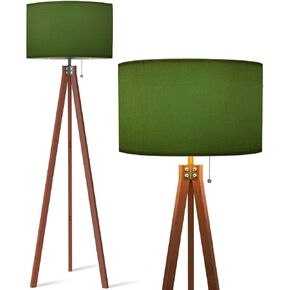 Wood Tripod Floor Lamp Olive Green Frosted Glass Modern Standing Lamp Linen Lampshade Dimmable Tall Lamp Mid Century Floor Lamp for Living Room Bedroom