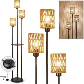 مصباح أرضي 3 lights rattan مع الرفوف ، مصباح أرضية مزرعة مع مفتاح تشغيل/خارج القدم ، مصباح قائم بالريفي مع ظلال راتان ، مصابيح طويلة لغرفة غرفة المعيشة مكتب