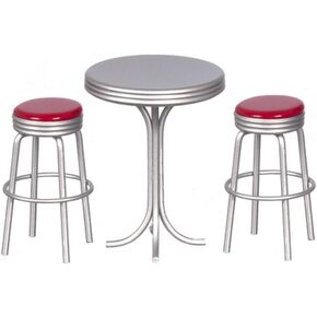 Dolls House Kitchen Cafe Furniture 1950's Round Round Bistro Table مع 2 براز باللون الأحمر