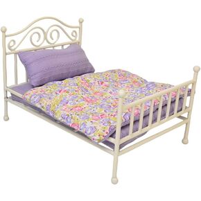 1:12 Scale Miniature Iron Bed, Dollhouse Furniture BJD Ob11 Accessories, Floral Mattress and Pillow Set, White