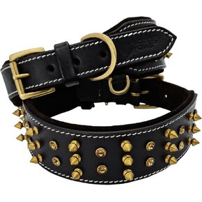 BlazingPaws® Sabrington 2 inch Wide Luxury Spike Leather Dog Collar for Large Dogs with Screw-on Spikes in Premium Black Bridle Leather and Soft Suede Leather Padding (Neck Size:19-22 Inches, Black)