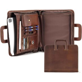 Leather Portfolio Organizer with Zipper for Men Women,Full Grain Leather Zippered Padfolio Organizer with Handle, Genuine Leather Padfolio Folder for 12.9" iPad Documents (Dark Brown)