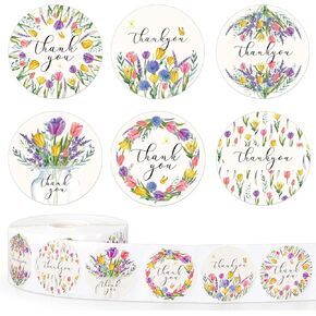 Whaline 1000pcs Floral شكرًا لك ملصقات Roll ألوان مائية Tulip شارات 6 تصميم
