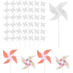 Piotier 50pcs DIY Kids Paper Wheels ، White Flage Paper Pinwheels فارغة طواحين الهواء البلاستيكية صغيرة من طواحف طواحين صغيرة للأطفال الصيفية.