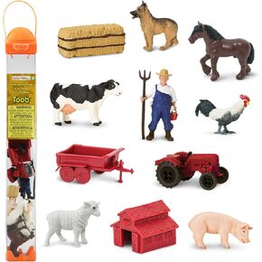 Safari Ltd. Country Farm Toob - تماثيل من البقر ، المزارع ، الراعي الألماني ، Shire Horse ، Rooster ، Trailer ، Tractor ، Pig ، Hay Bale ، Ewe ، Barn - لعبة تعليمية للأولاد ، الفتيات والأطفال الذين تتراوح أعمارهم بين 3+