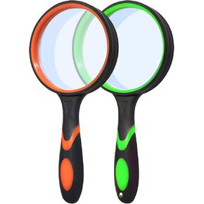 Wapodeai Magnifying Glass, 10X Handheld Magnifier Glasses with Hanging Rubber Grip, Large 75mm Lens for Seniors & Kids, Perfect for Reading Book, Hobbies, Scientific Observation, Green & Orange-2 Pack
