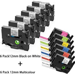 Suminey 6 Pack 12mm 0.47'' for Brother P-Touch Label Maker Tape TZe Ribbon Laminated TZ Colored and 6 Pack Laminated White Label Tape Refills Compatible with Brother P Touch PT-D210 D220 H110 1000