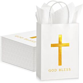 Spakon 24 Pack First Compleion Favors للضيوف المعمودية لصالح الأكياس مع ورق الأنسجة 6x8x3 بوصة مسيحية God God God Cross Cross Cross For Baby Shower Party Church Mothers Gift (White)