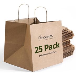 EKOBAGS. Sienna Kraft Paper Gift Bags with Handles | Sturdy Brown Paper Bags Bulk for Retail, Shopping, Party Favors & Small Business | 100% Recyclable & Sustainable | 12x8x13 inches, 25-Pack