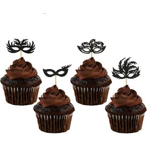 زخارف حفلة تنكرية ، 24 جهاز كمبيوتر أسود تنكر أقنعة كبيرة ، Mardi Gras Mask Prom Cupcake Topper Topper Decoreations for Party Form