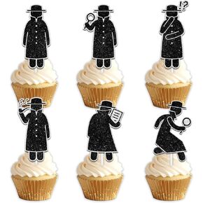 18pcs Glitter Dessert Cupcake Topper Pick for Detective Mystery Crime Clue Evidence Theme Decor Supplies Men Women kids Happy Birthday Party Decoration