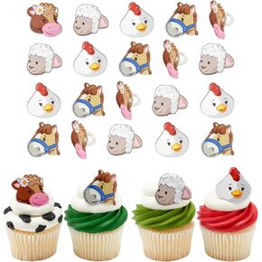 Fisher-Price Little People Farm Farm Friends Rings | 24 بقرة ، حصان ، خروف ، دجاج كب كيك أعلى أغطية | Decopac Farmyard Animal Cake Decorations و Food Safe and Weary للاستخدام - 24 حزمة