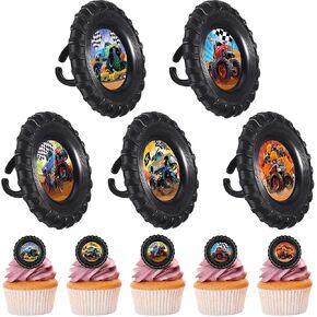 Containlol 50 Pieces Truck Cupcake Topper Rings Monster Cars Cupcake Toppers Plastic Cars Birthday Cake Decoration for Race Car Party Supplies, 5 Styles