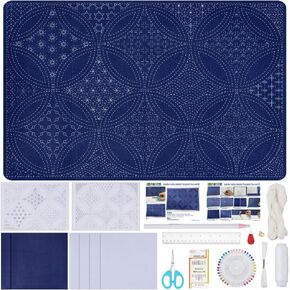 FreeBloss DIY SASHIKO TEA MAT KIT طقم ساشيكو القابلة للذوبان في الماء SASHIKO KIT للمبتدئين مع تعليمات اللغة الإنجليزية مجموعة الإبرة للبالغين مجموعات التطريز