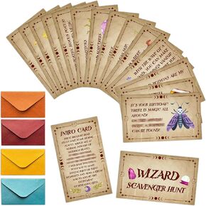 Wizard Scavenger Hunt Clue Cards, Halloween Scavenger Hunt Games for Adults, Holiday Birthday Party Supplies Activities Outdoor Indoor(17 Clues Cards with Envelopes), 01