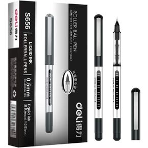 Deli 12 Pack Plack Rolling Ball Pens ، Point Pons ، أقلام حبر سائلة 0.5 مم ، جافة سريعة ، لا تشويه لا ألعاب نزيف