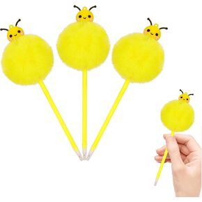 Pluffy Ball Pen Cute Plush Bees Gel Pens 0.7mm Black Ink Point Pens ، Office School Supplies Formty Party Gifts Pompom Gel Ink Rollerball Pens (Pack of 4)