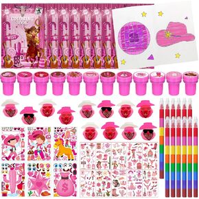 Cinrobiye 72 PCS Cowgirl Party Favors ، كتب التلوين الغربية الوردي مع تلوين تلوين ملصقات الوشم الطوابع الخشبية Barn Disco Goodie Bag Fillers Wild West Classroom Gowner