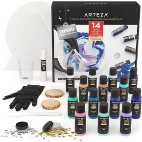 Arteza Acrylic Doring Kit-14 دهانات عالية التدفق ، لوحين تمتد ، شريحتين خشبيتين ، بريق ، سكاكين لوحات وأدوات حرفية لمشاريع سكب الأكريليك